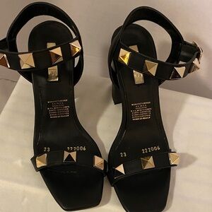 Fendi Black Leather Ankle-Strap Sandals with Gold Pyramid Studs